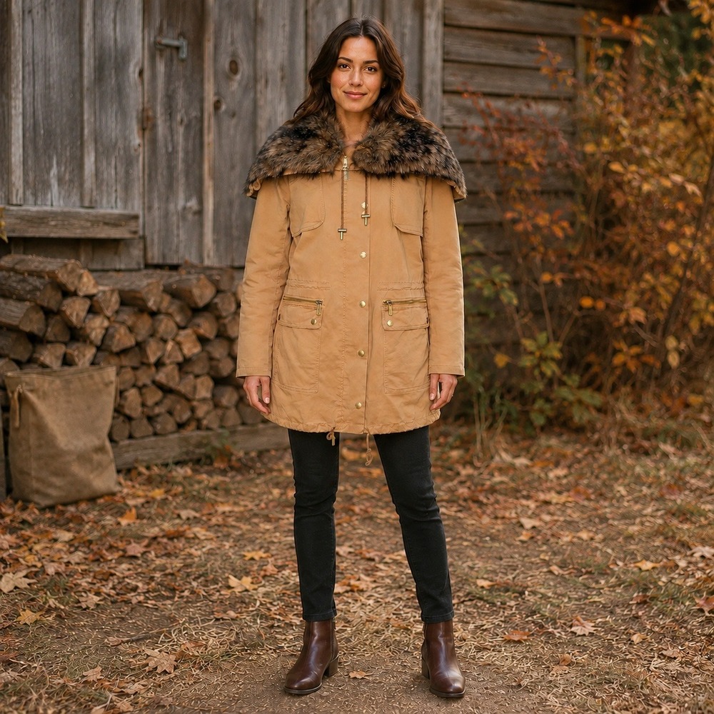 Michael Kors Anorak Coat Womens S Camel Utility Faux Fur Cape Hood Gold Hardware